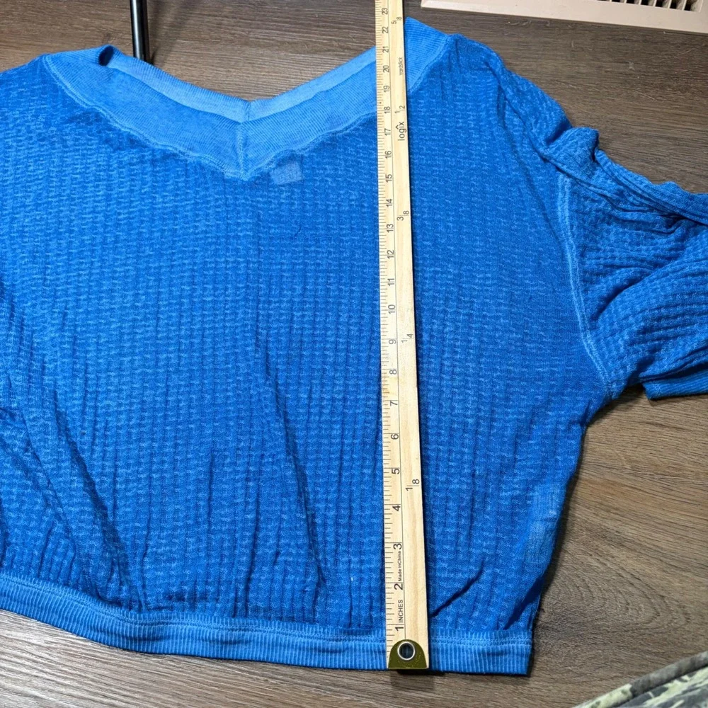 We The Free Free People Blue Waffle Knit Off Shoulder Thermal Top XS 0361